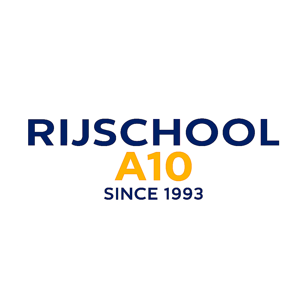 Logo van Rijschool A10 met auto en tekst Rijschool A10 – Since 1993